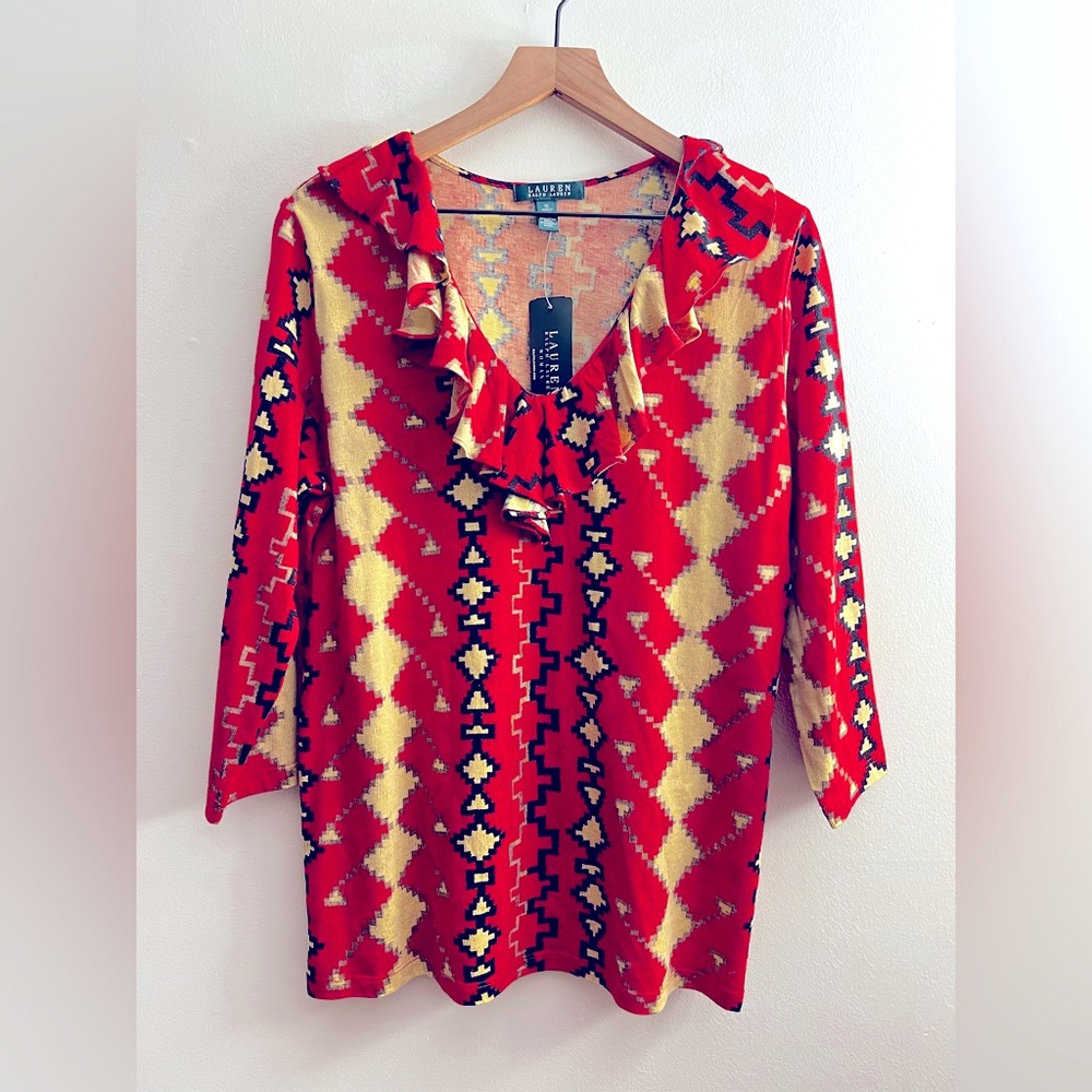 Lauren Ralph Lauren Southwest Tribal Ruffle V Neck top Blouse 3/4 sleeve stretch